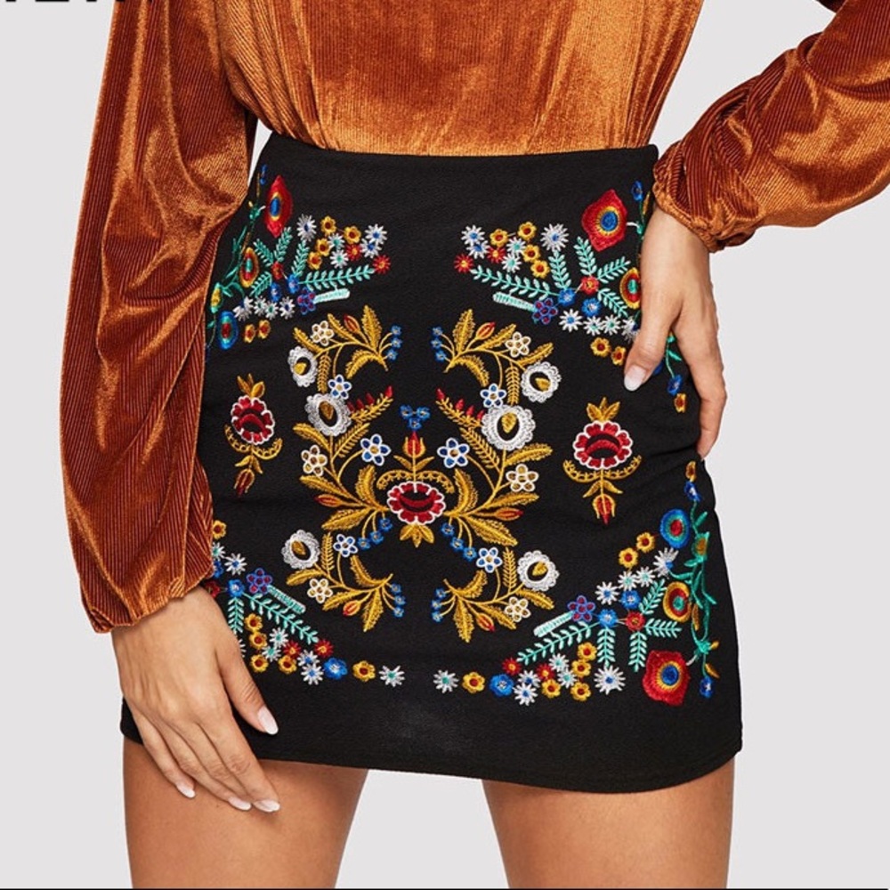 Black Embroidered Floral Skirt NWOT